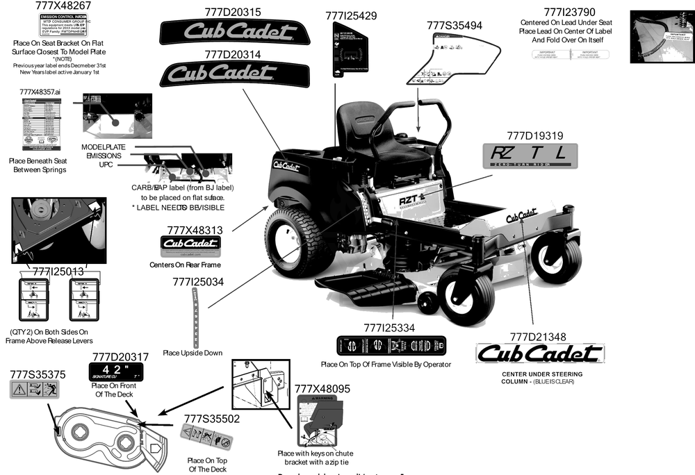 Label Map Diagram and Parts List for RZT-L42 (17BRCACS009)(2016) Cub Cadet Lawn Tractor